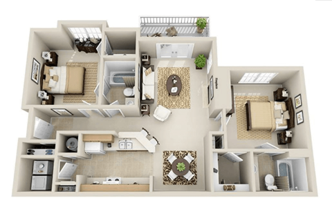 Floor plan for 2 beds, 2 baths, 1040 sqft